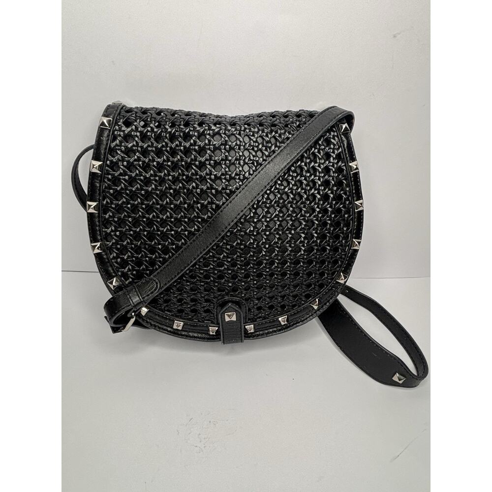 Rebecca Minkoff black studded Leather Saddle bag Crossbody flap snap closure